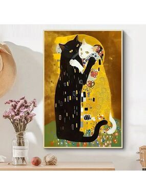 "Cat Kiss in Klimt Style" Canvas Print Feline Wall Art